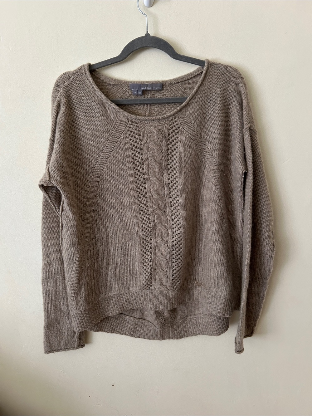 360 Cashmere Women's Cable-Front Scoop-Neck Sweater — Taupe Brown